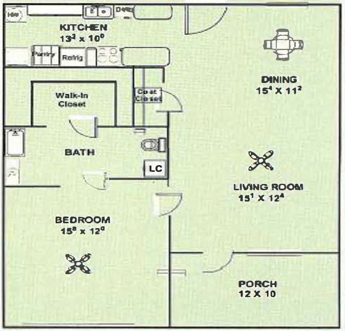 Floor plan for 1 bed, 1 bath, 874 sqft